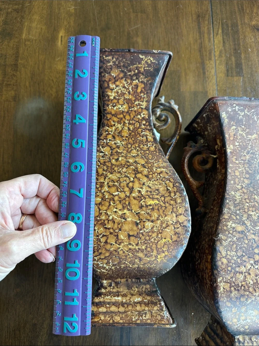 Pair of Brown Speckled Metal Urn Vases with Scroll Handles